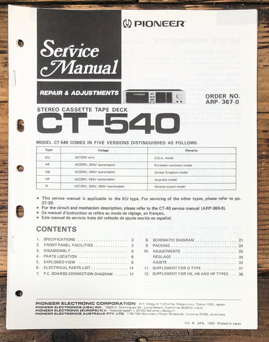 Pioneer CT-540 Cassette Service Manual *Original*