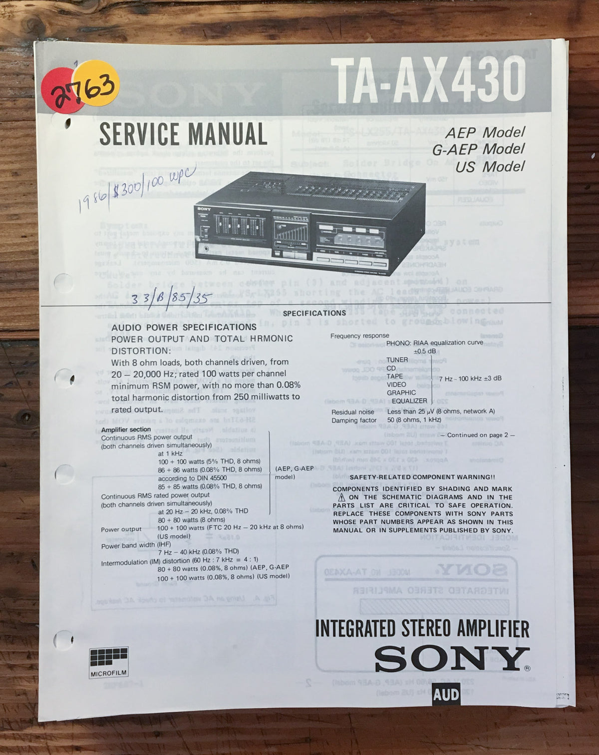 Sony TA-AX430 Amplifier  Service Manual *Original*