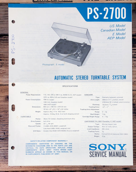 Sony PS-2700 Record Player / Turntable  Service Manual *Original*