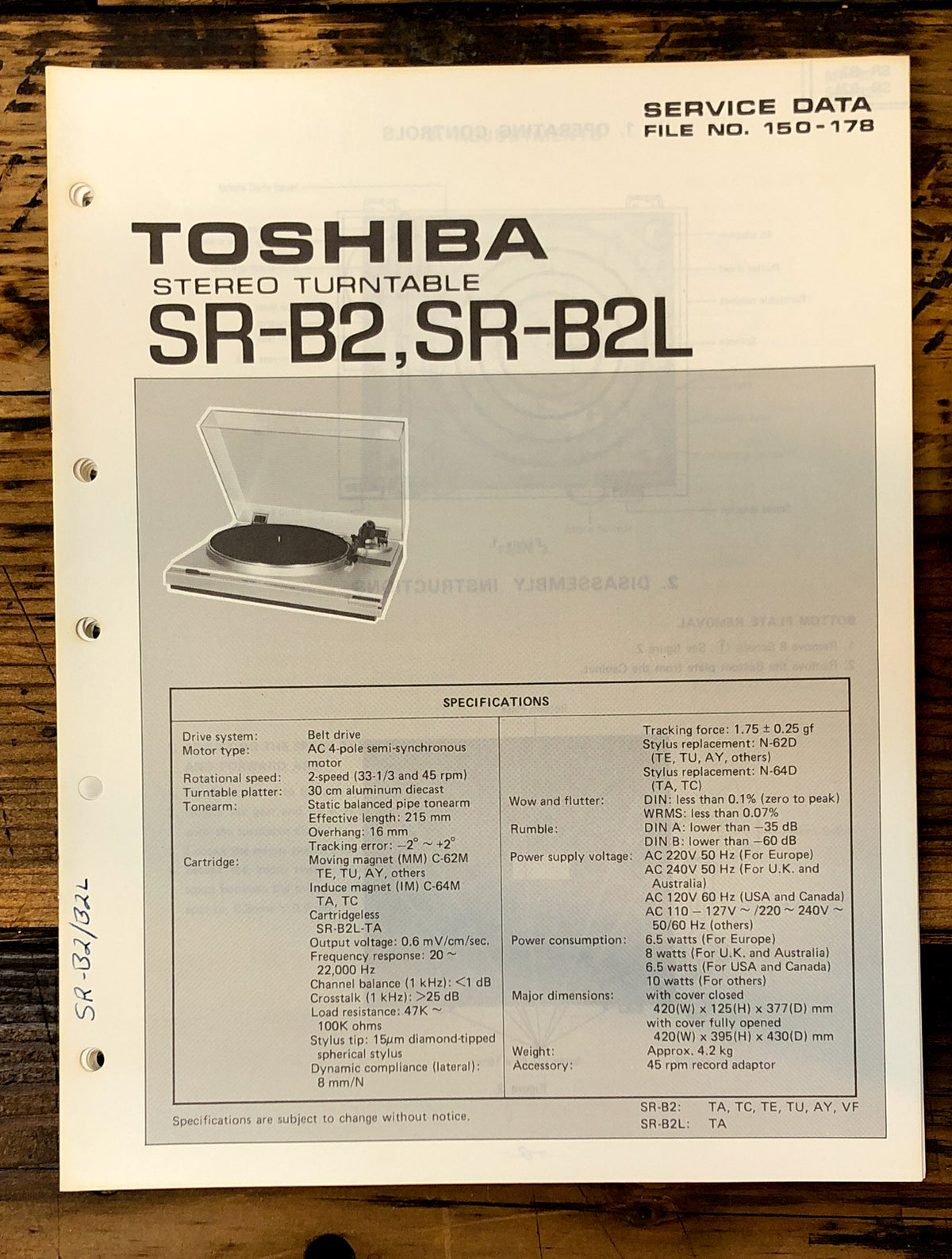 Toshiba SR-B2 SR-B2L Record Player / Turntable Service Manual *Original*