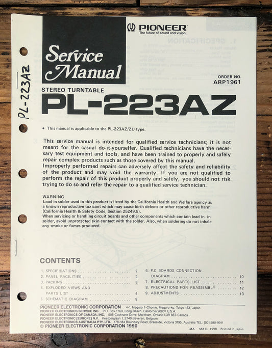 Pioneer PL-223AZ Turntable Service Manual *Original*