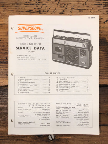 Superscope CR-3520 Cassette Recorder  Service Manual *Original*