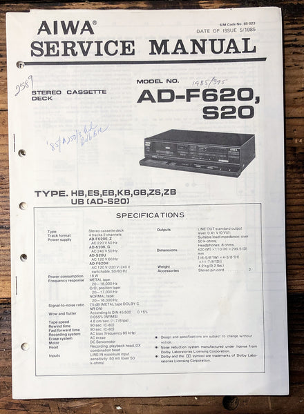 Aiwa AD-F620 AD-S20 Cassette  Service Manual *Original* #1