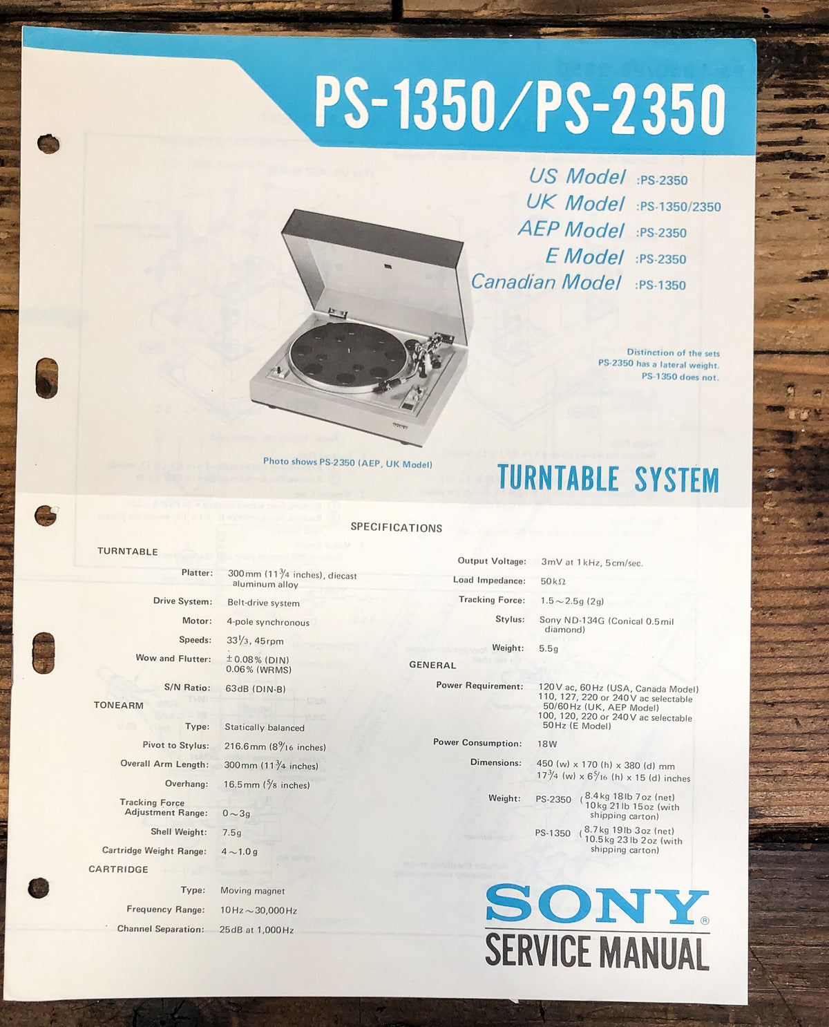 Sony PS-1350 PS-2350 Record Player / Turntable Service Manual *Original*