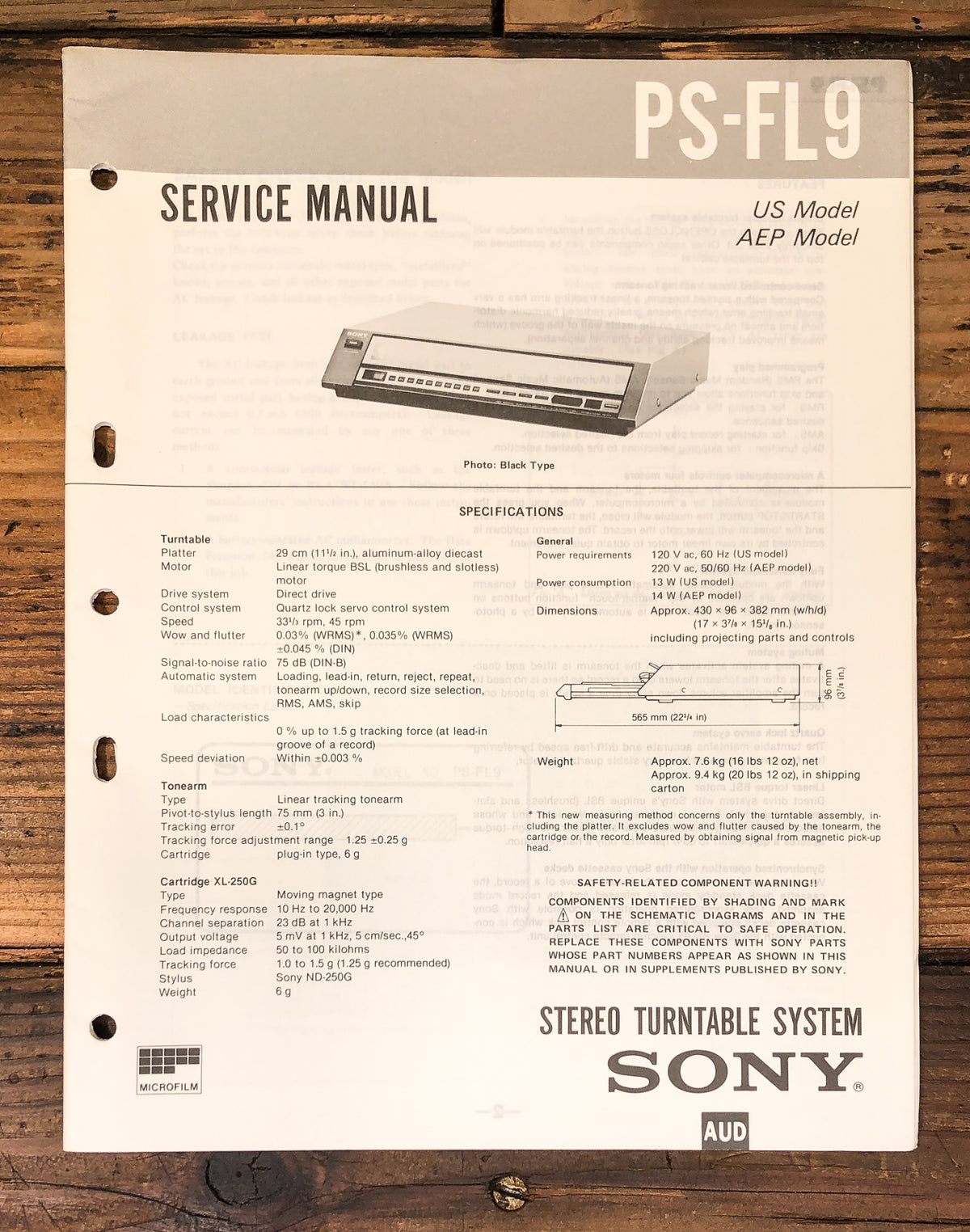 Sony PS-FL9 Record Player / Turntable Service Manual *Original*