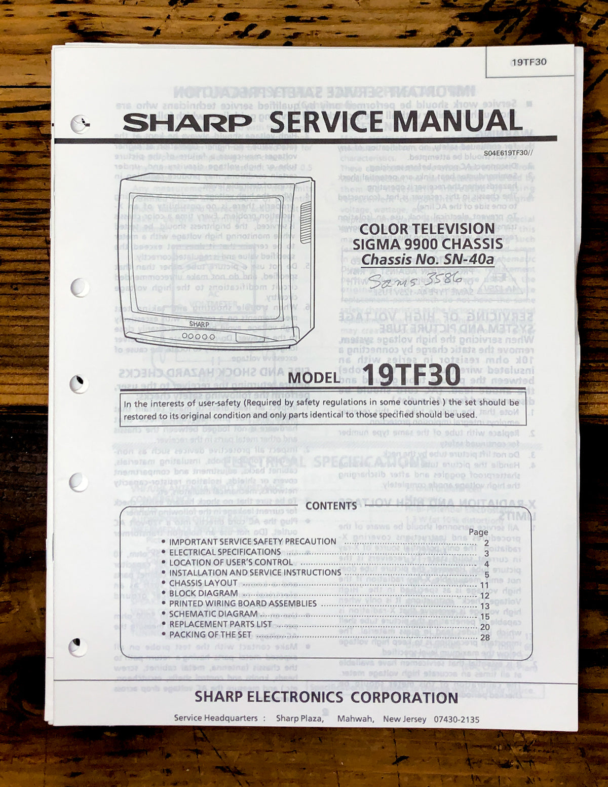 Sharp 19TF30 TV / Television Service Manual *Original*
