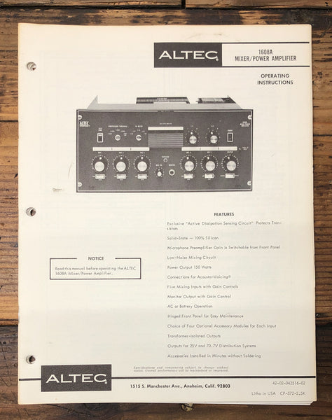 Altec Model 1608A Mixer Amplifier  Owners & Schematic Manual *ORIGINAL* #2