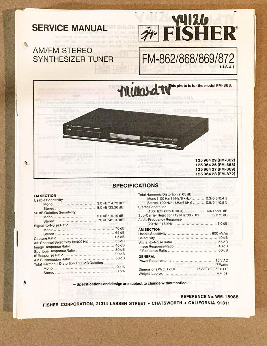 Fisher FM-862 FM-868 FM-869 FM-872 Tuner Service Manual *Original*