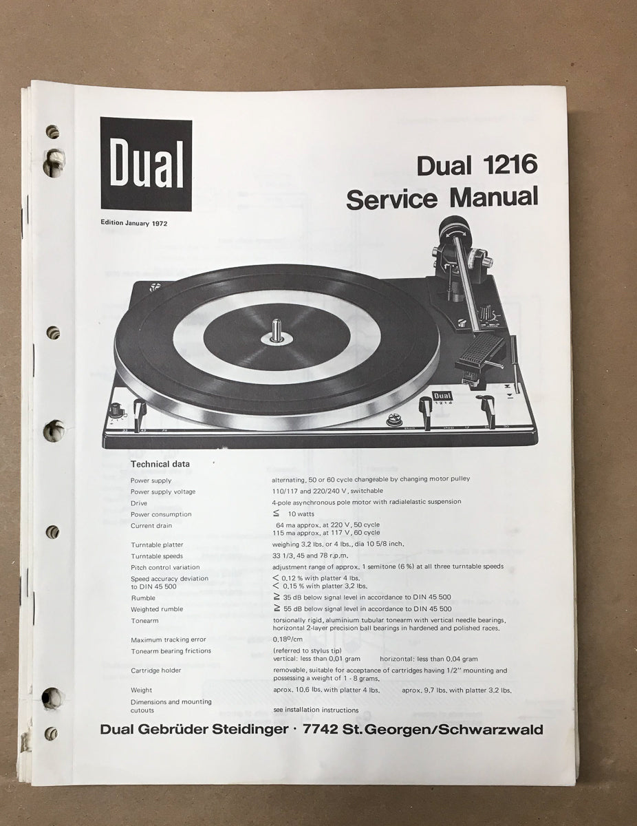 Dual Model 1216 Record Player / Turntable Service Manual *Original*