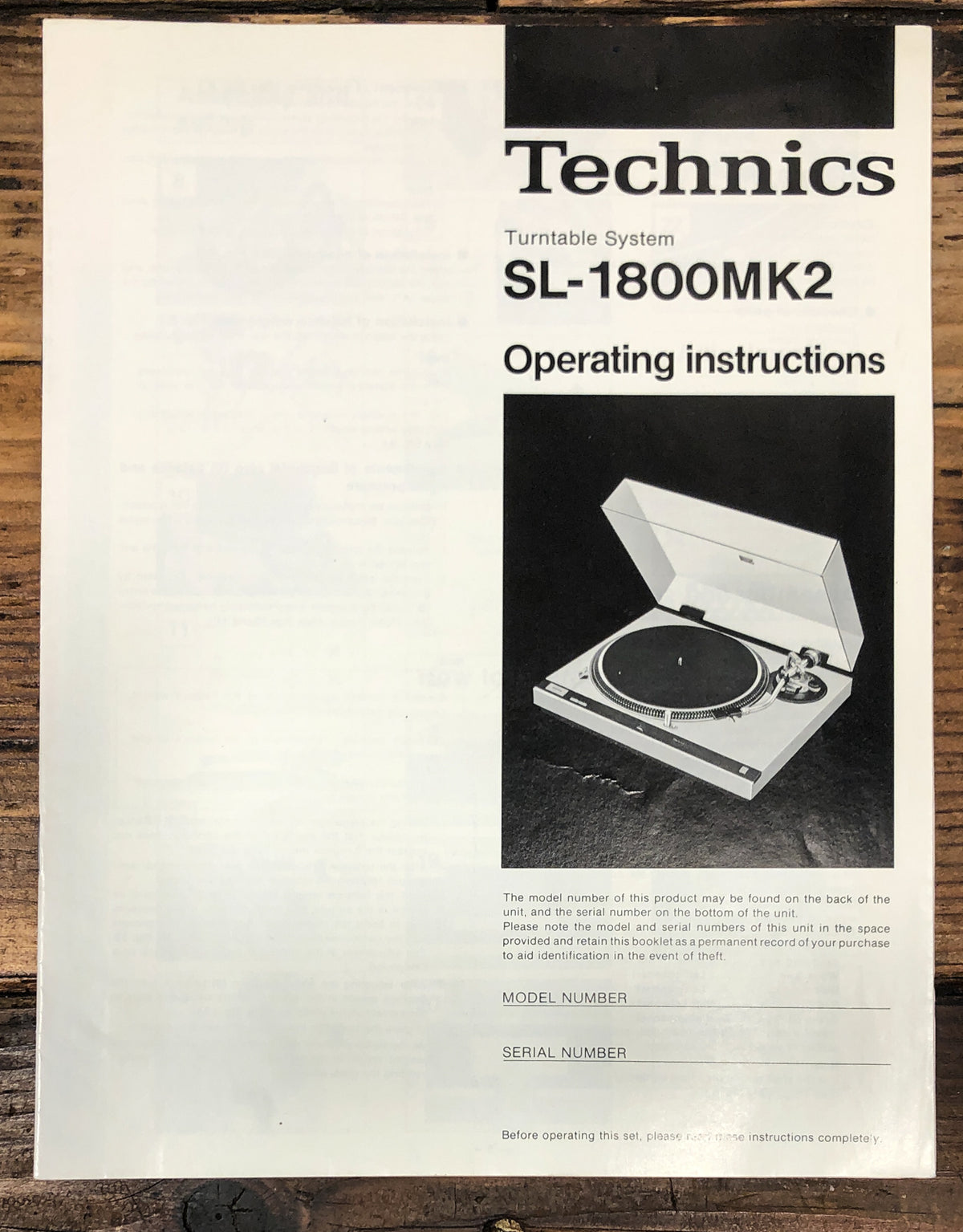 Technics SL-1800 MK2 Record Player / Turntable Owners / User Manual *Original*