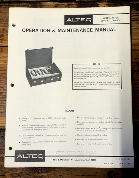 Altec Model 1210A Console  Owners Manual & Schematic *Orig*