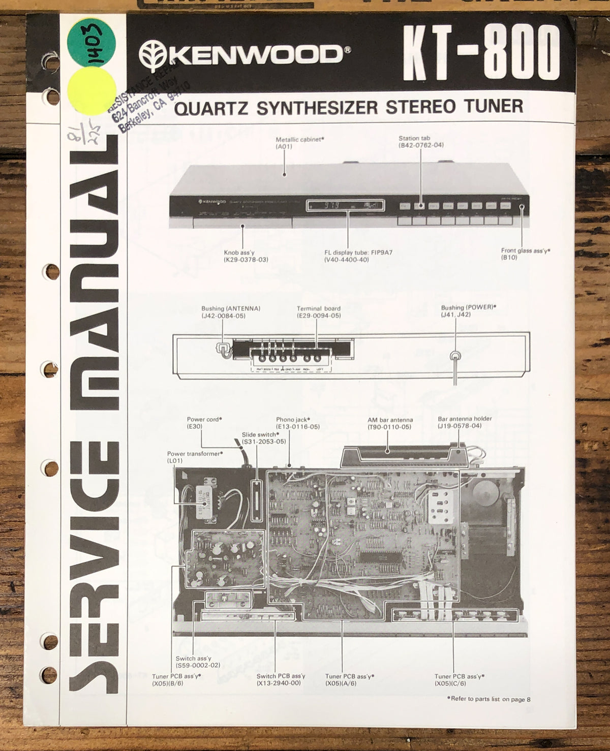 Kenwood KT-800 Tuner  Service Manual *Original*