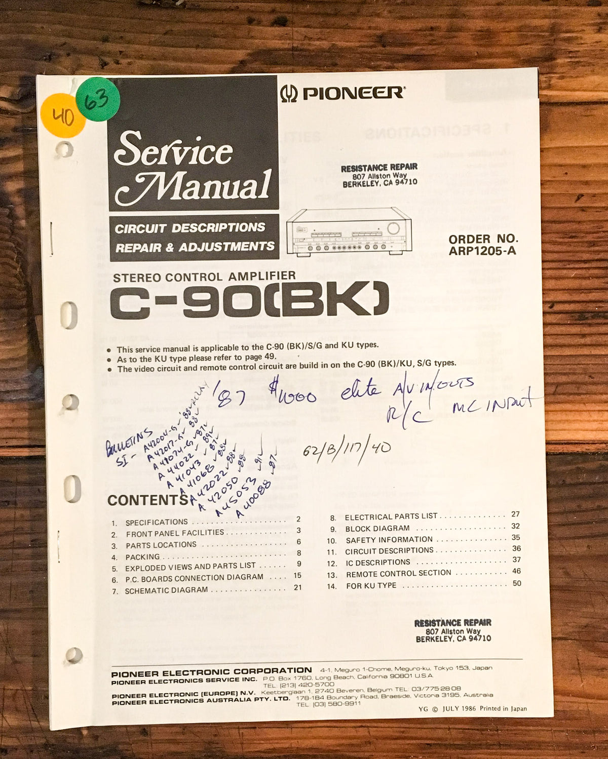 Pioneer C-90 Preamp / Preamplifier  Service Manual *Original*