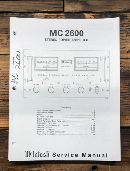 McIntosh MC2600 MC-2600 Amplifier  Service Manual *Original*