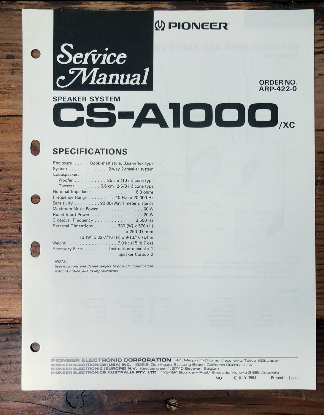 Pioneer CS-A1000 Speaker System Service Manual *Original*