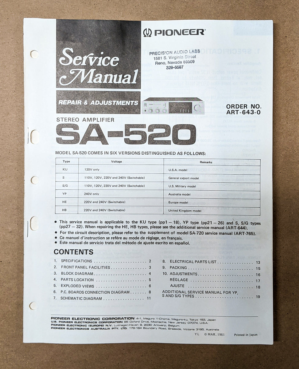 Pioneer SA-520 Stereo Amplifier Service Manual *Original*
