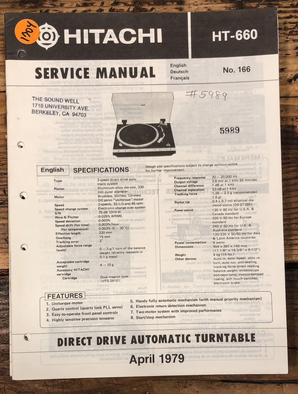 Hitachi HT-660 Record Player / Turntable  Service Manual *Original*