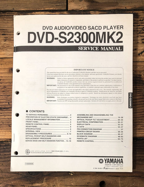 Yamaha DVD-S2300 MK2 DVD SACD Player  Service Manual *Original*