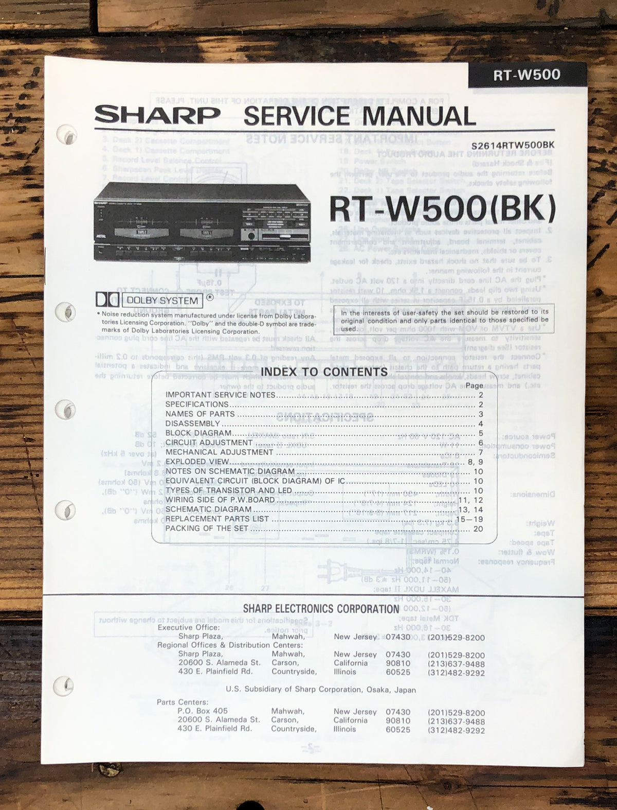 Sharp RT-W500 Cassette Service Manual *Original*