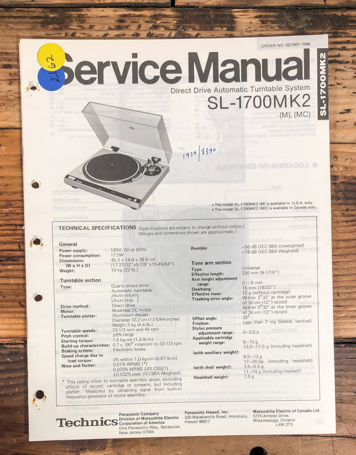 Technics SL-1700 MK2 Record Player / Turntable  Service Manual *Original*