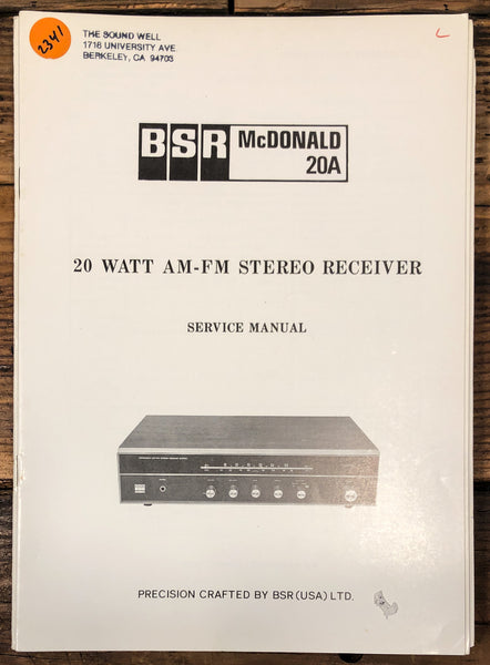 BSR McDonald Model 20A Receiver  Service Manual *Original*