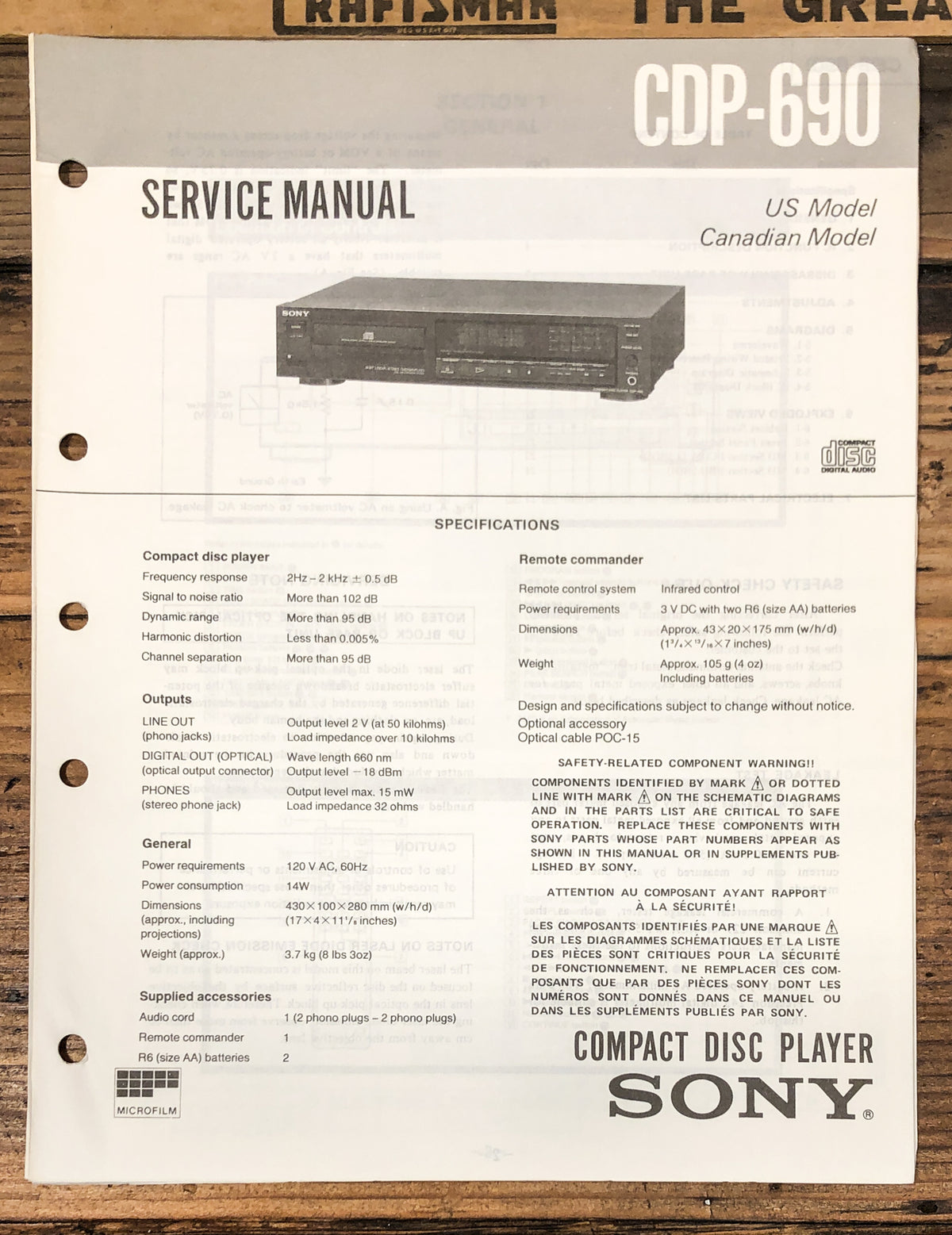 Sony CDP-690 CD Player  Service Manual *Original*