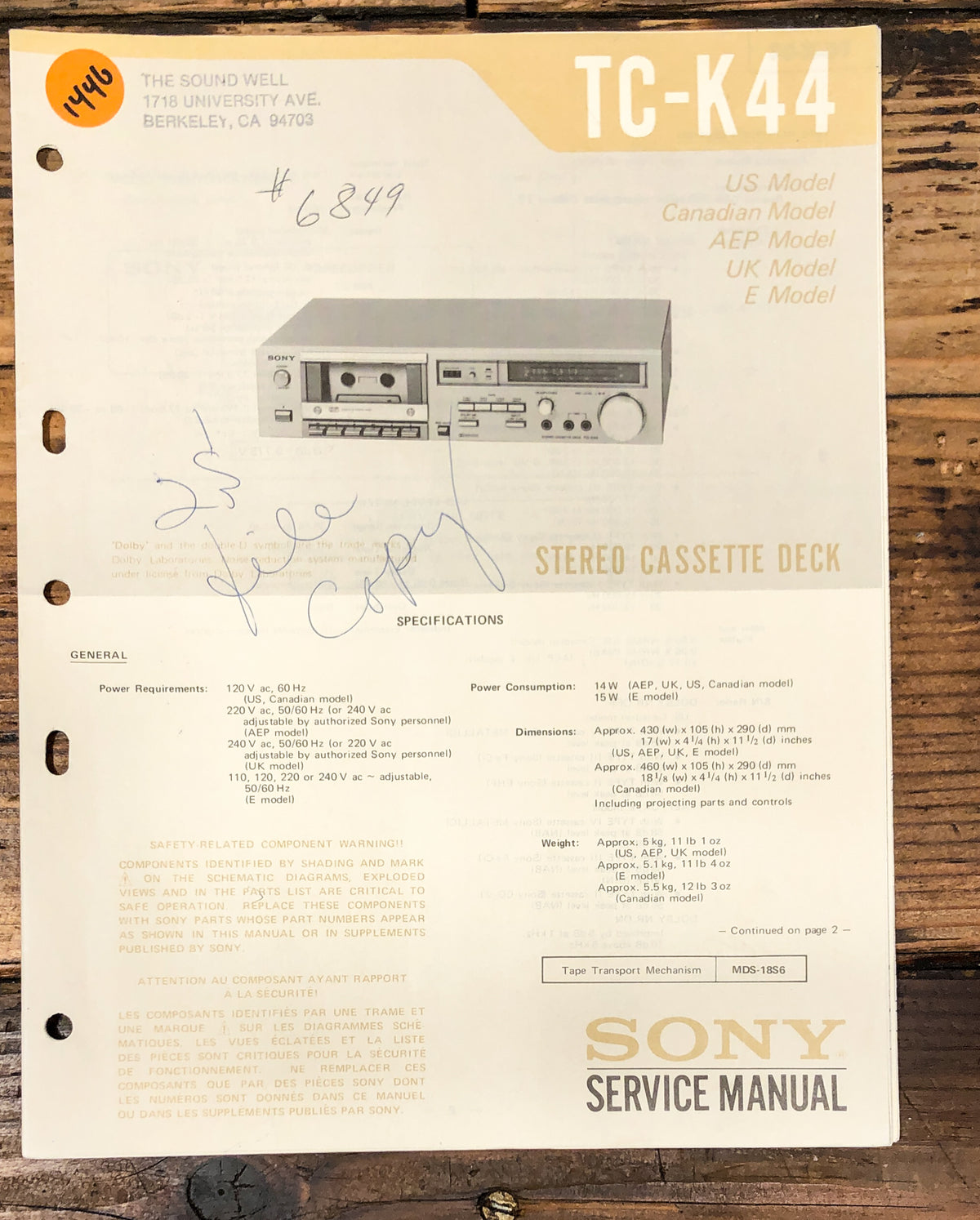 Sony TC-K44 Cassette Service Manual *Original*