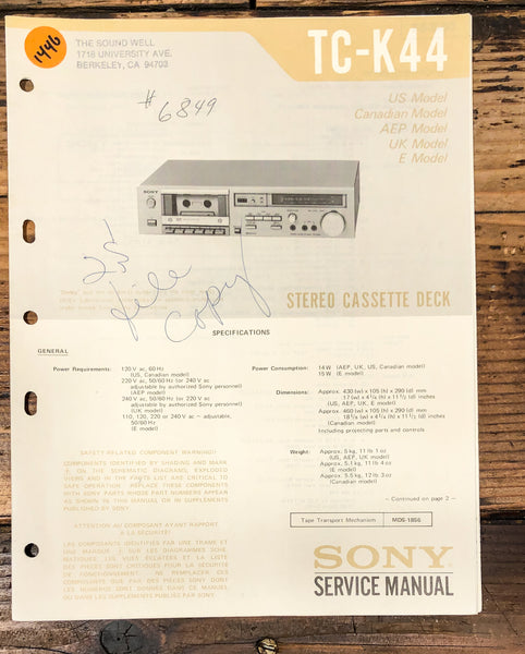 Sony TC-K44 Cassette Service Manual *Original*