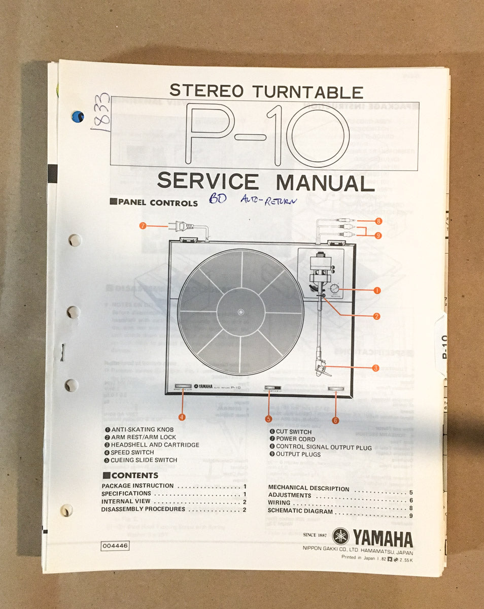 Yamaha P-10 Record Player / Turntable  Service Manual *Original*