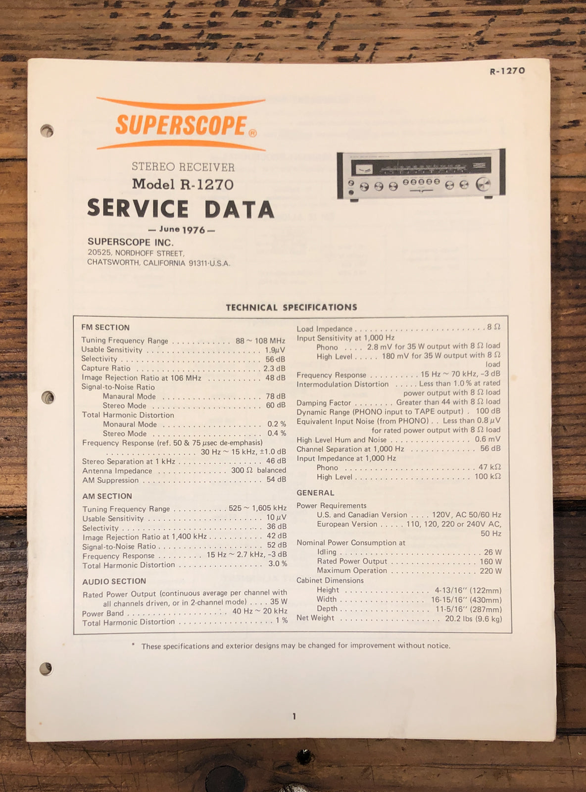 Superscope R-1270 Receiver  Service Manual *Original*