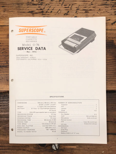 Superscope C-76 Cassette Recorder  Service Manual *Original*