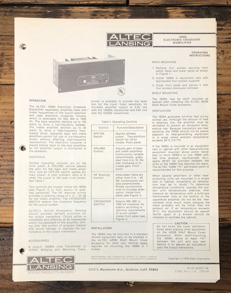 Altec Model 1609A Crossover Amplifier  Owners & Schematic Manual *ORIGINAL*