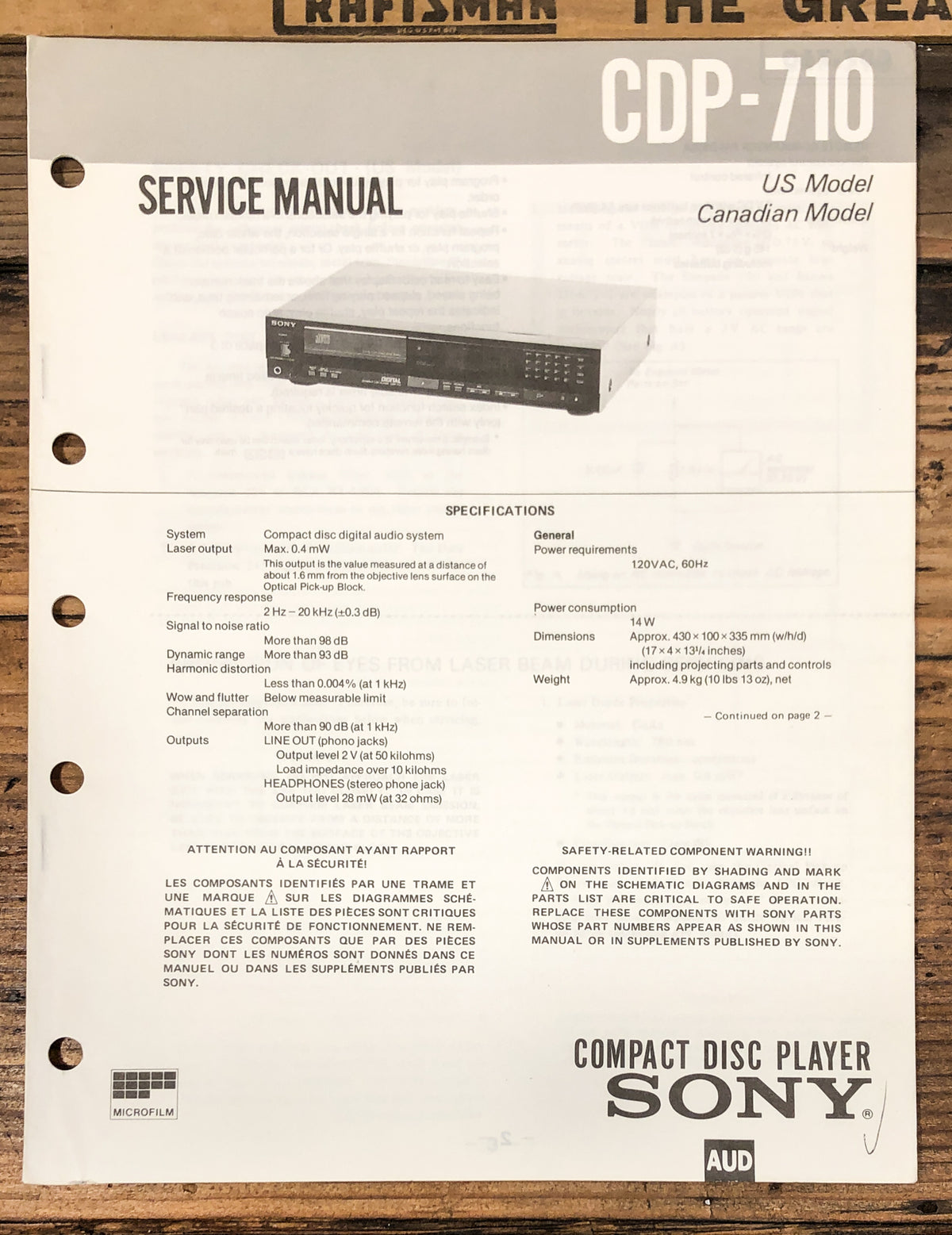 Sony CDP-710 CD Player  Service Manual *Original*