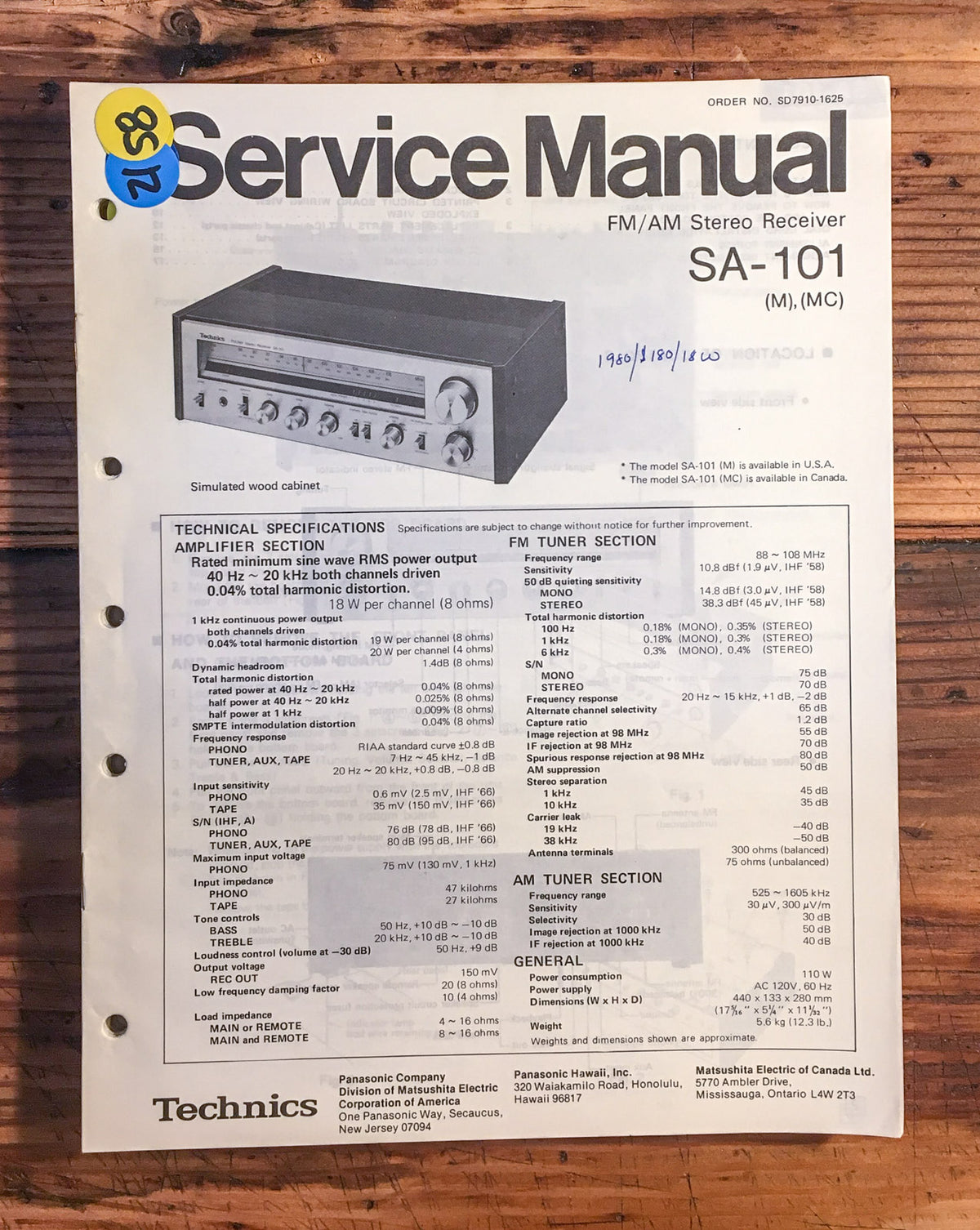 Technics SA-101 Receiver  Service Manual *Original*