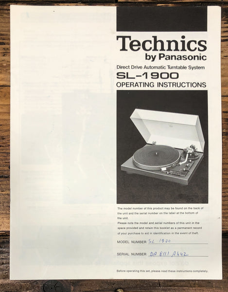 Technics SL-1900 Record Player / Turntable Owners / User Manual *Original*