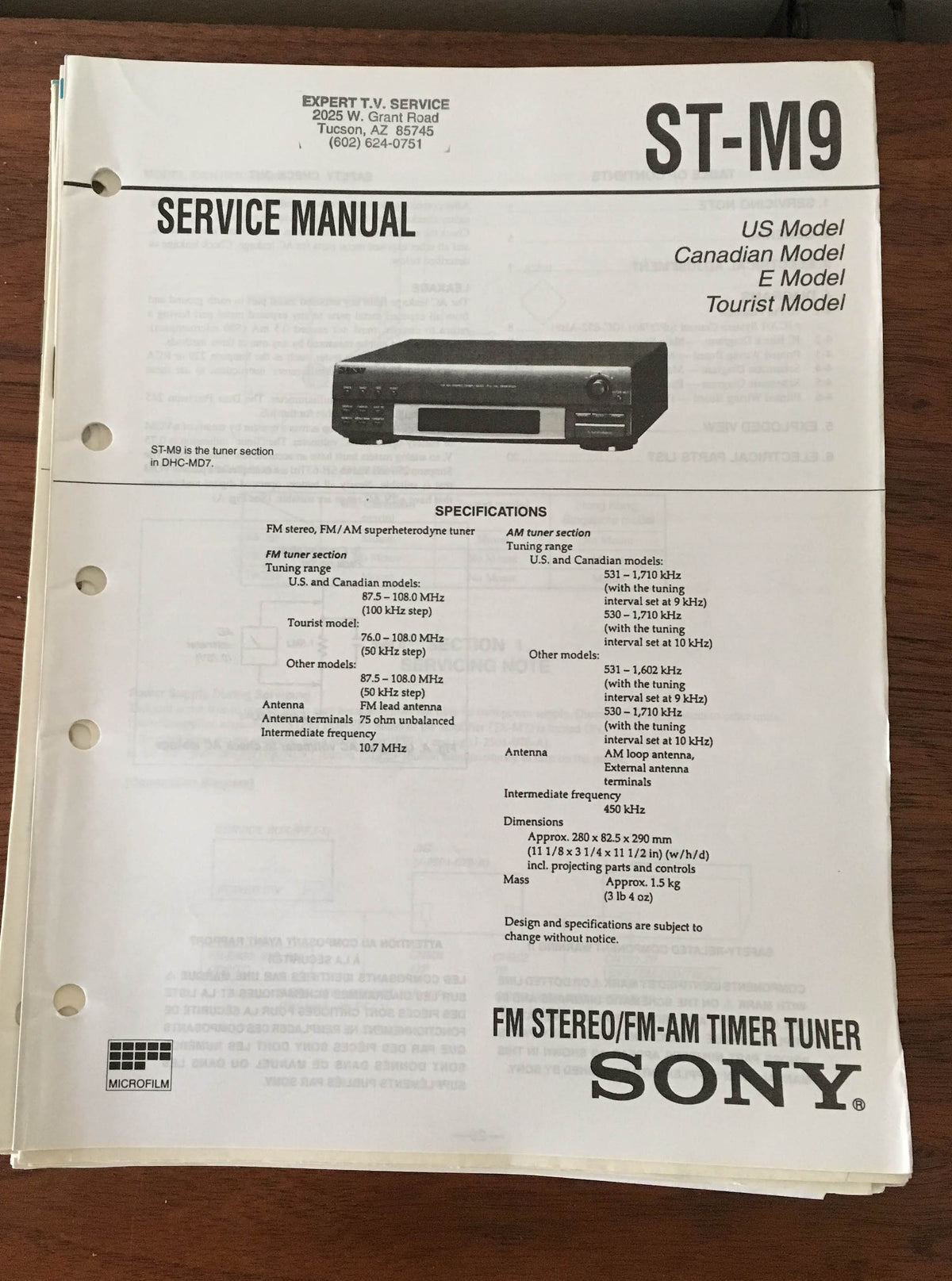 Sony ST-M9 Tuner Service Manual *Original*