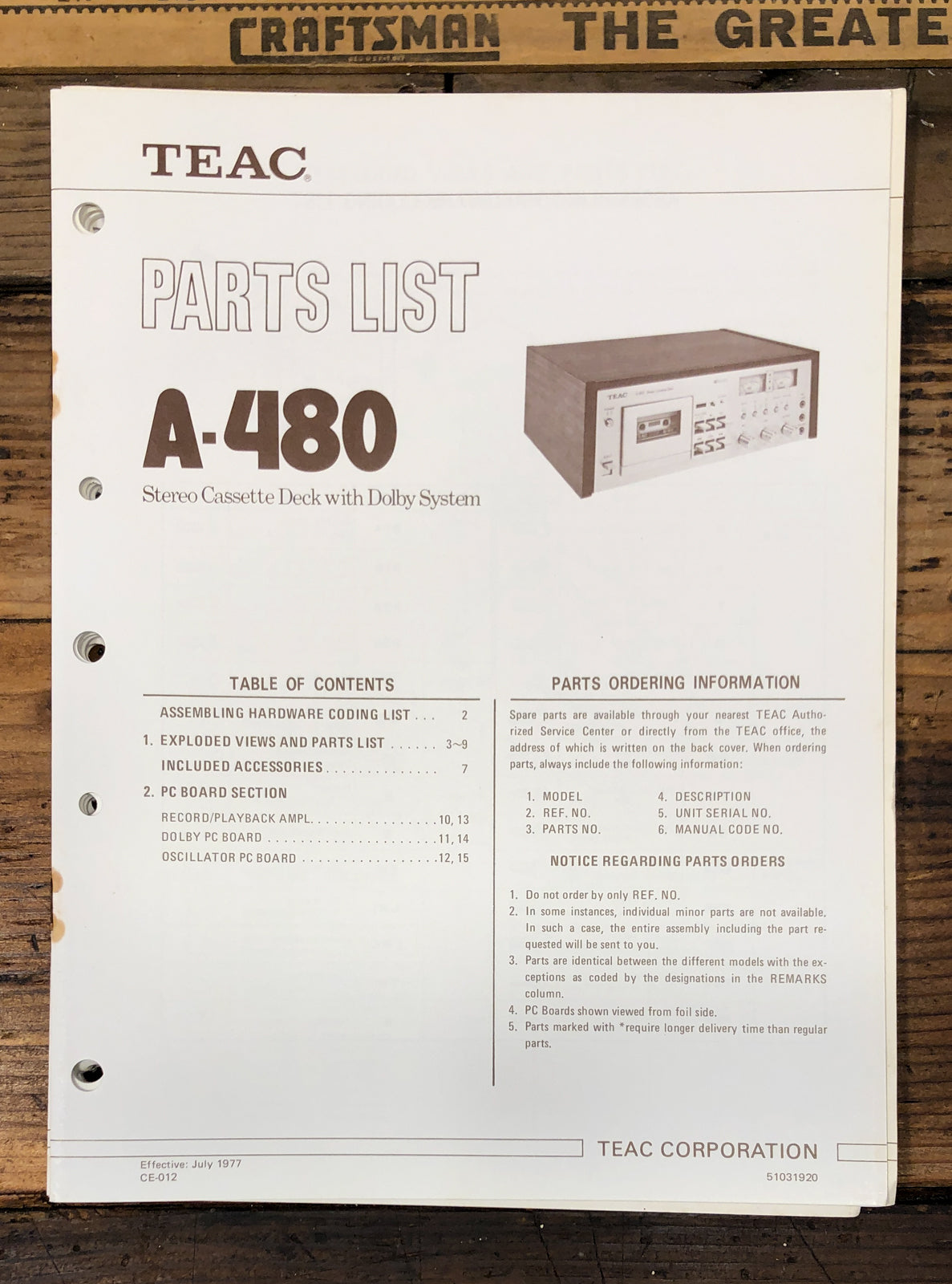 Teac / Tascam A-480 Cassette Parts List Manual  *Original*