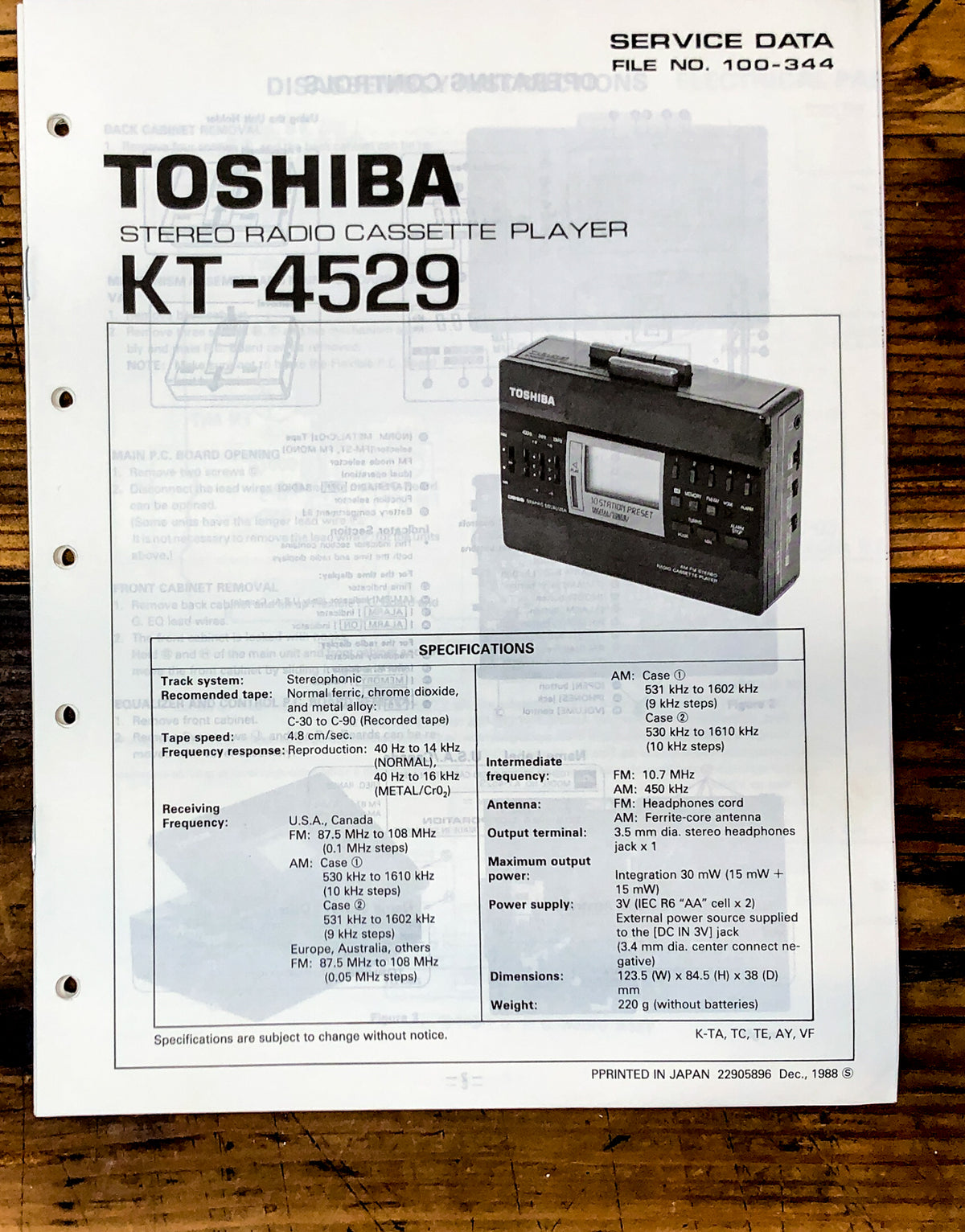 Toshiba Model KT-4529 Cassette Service Manual *Original*