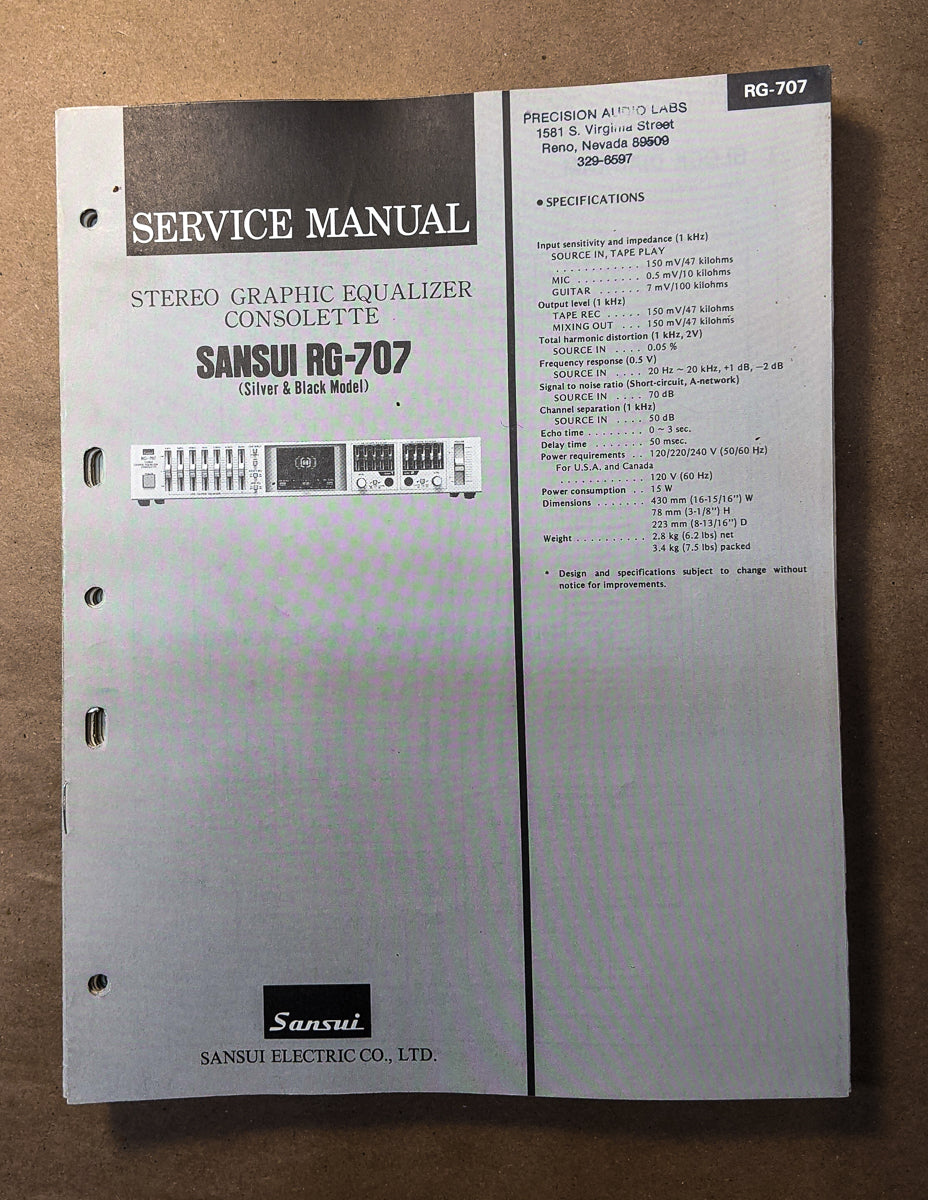 Sansui RG-707 Equalizer Service Manual *Original*