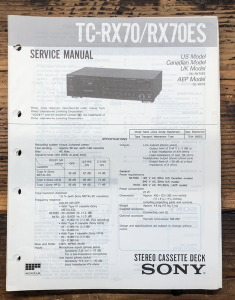 Sony TC-RX70 TC-RX70ES Cassette  Service Manual *Original*