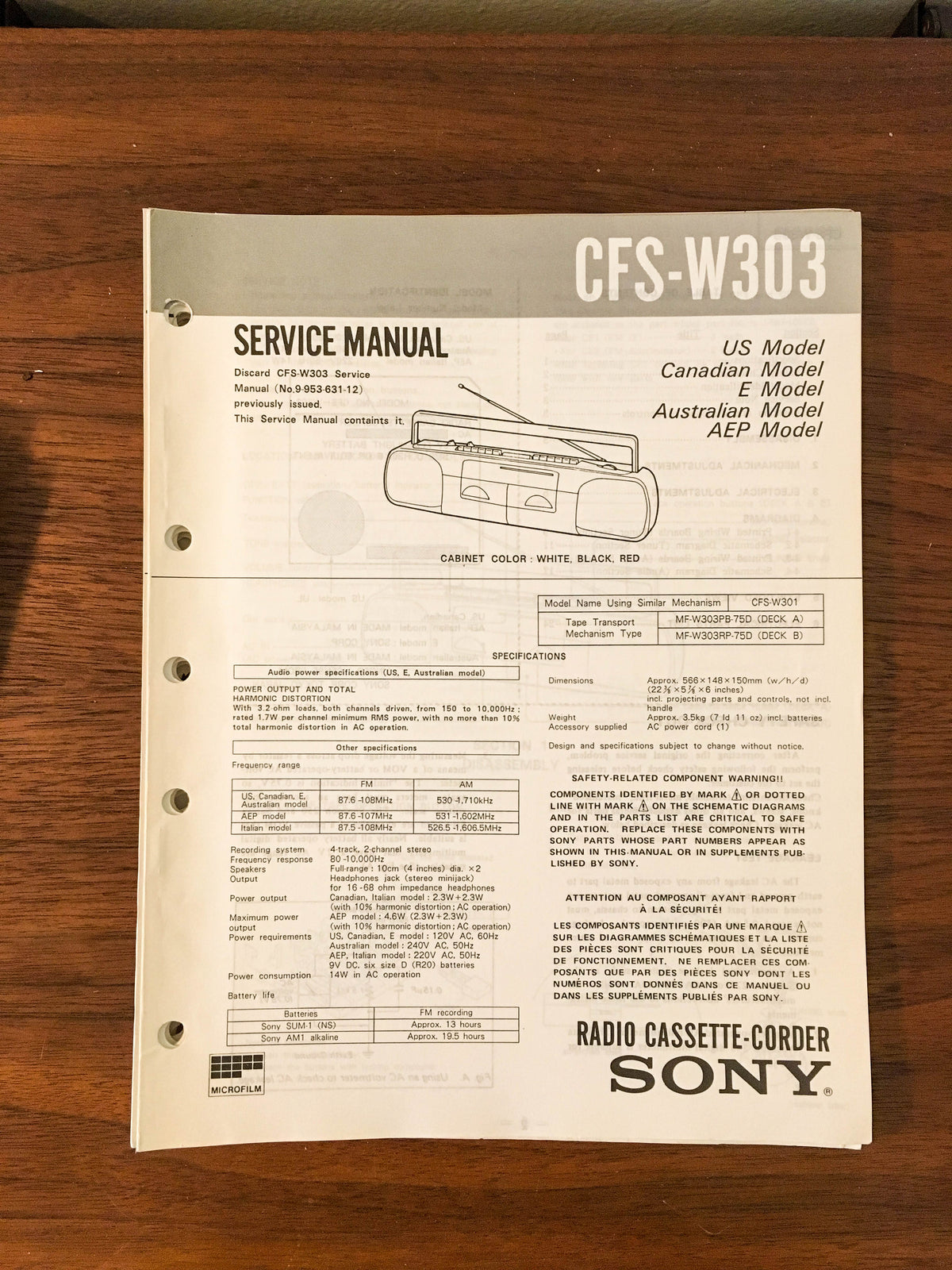 Sony CFS-W303 RADIO CASSETTE Service Manual *Original*