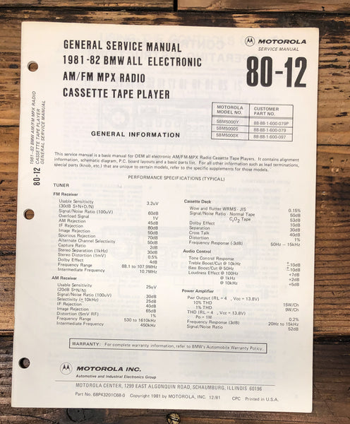 Motorola  1981 1982 BMW Radio Cassette 80-12  Service Manual *Original*