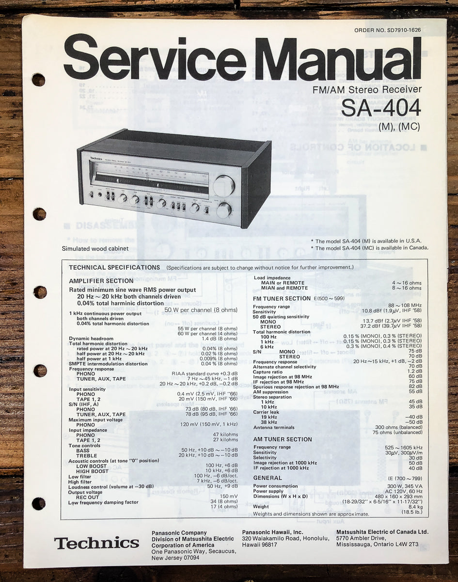 Technics SA-404 Receiver Service Manual *Original*