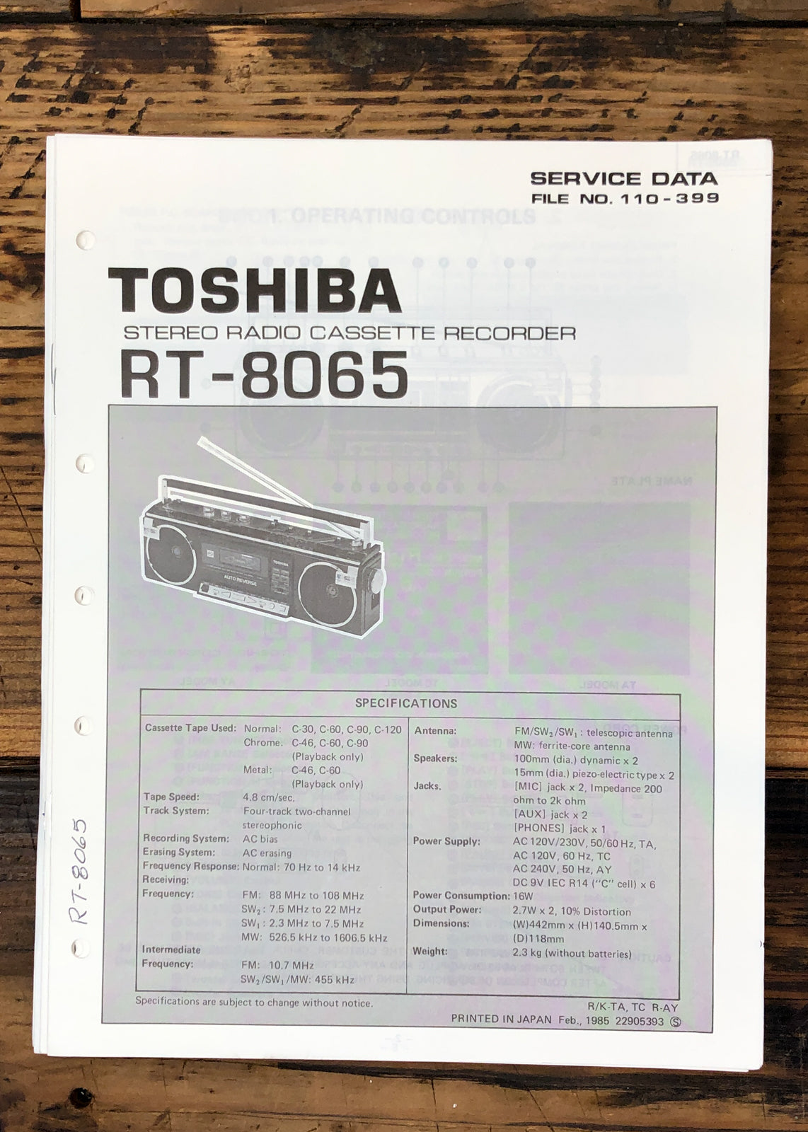 Toshiba RT-8065 Stereo Service Manual *Original*