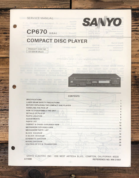 Sanyo CP-670 CP-670 CD Player Service Manual *Original*