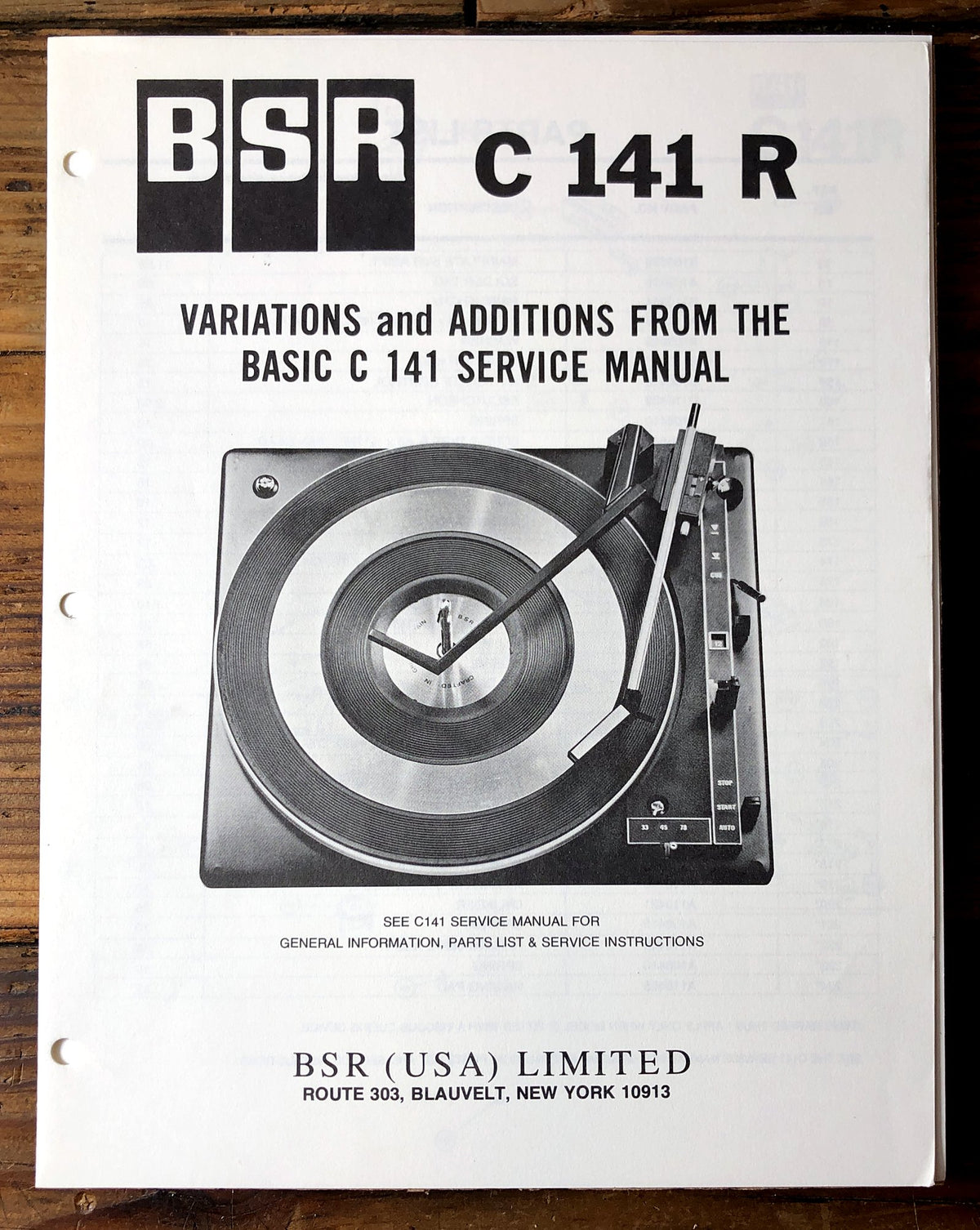 BSR C141R Record Changer Supp. Service Manual *Original*
