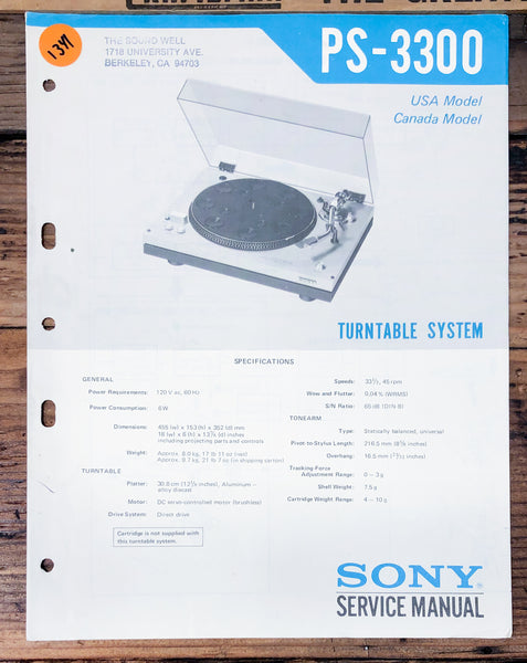 Sony PS-3300 Record Player / Turntable  Service Manual *Original*