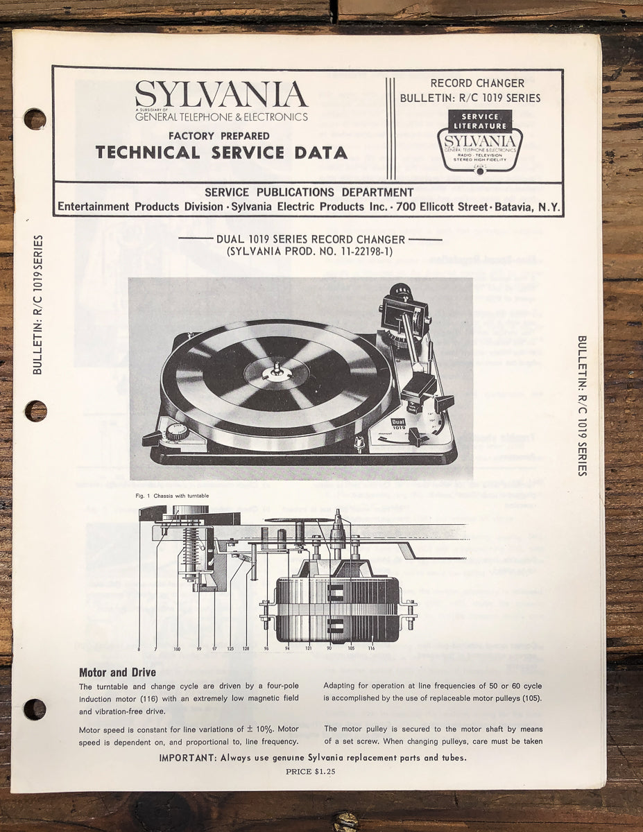 Sylvania / Dual R/C Model 1019 Record Changer Service Manual *Original*