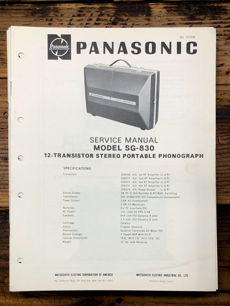 Panasonic SG-830 Record Player / Turntable  Service Manual *Original*