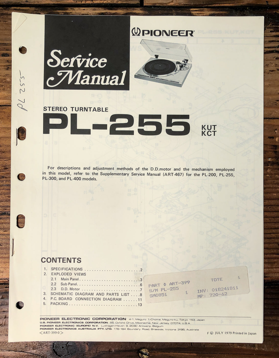 Pioneer PL-255 Turntable Service Manual *Original*